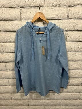 North River Blue Hooded Pullover Size M Lightweight Roll Tab Sleeves Summer